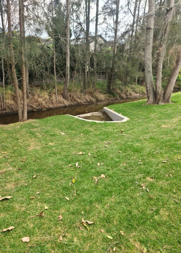 Kincumber — completed concrete stormwater outfall to creek through grass embankment in flood-affected council catchment
