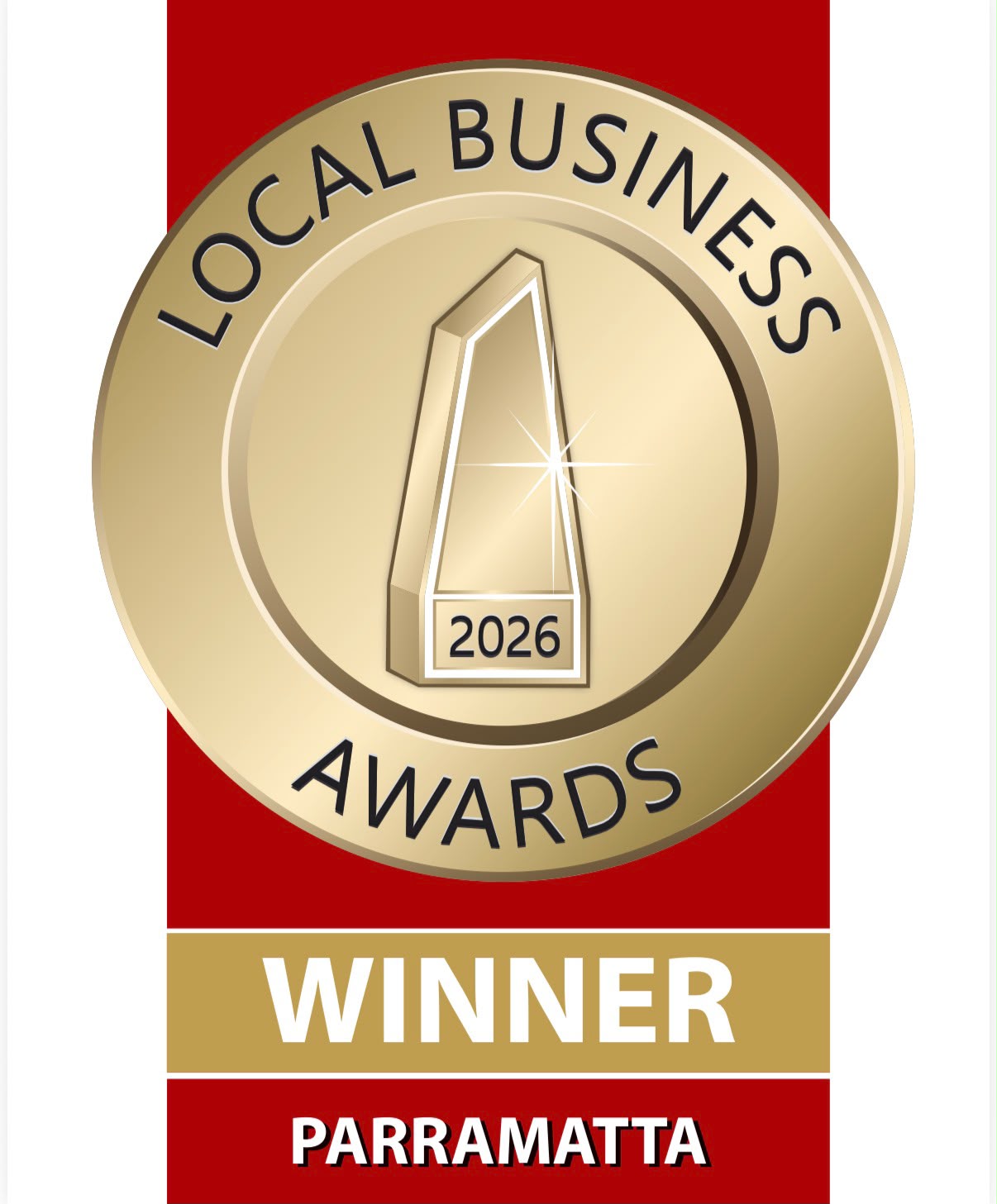 2026 Parramatta Local Business Awards Winner medallion — awarded to We Build Australia Pty Ltd for Outstanding Service and Trade